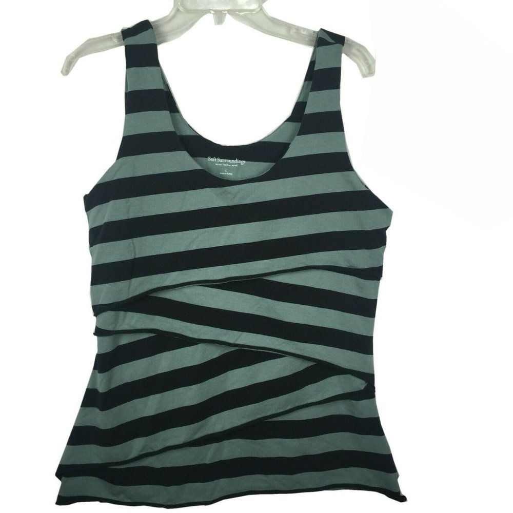 Soft Surroundings Black and Green Striped Tank Top